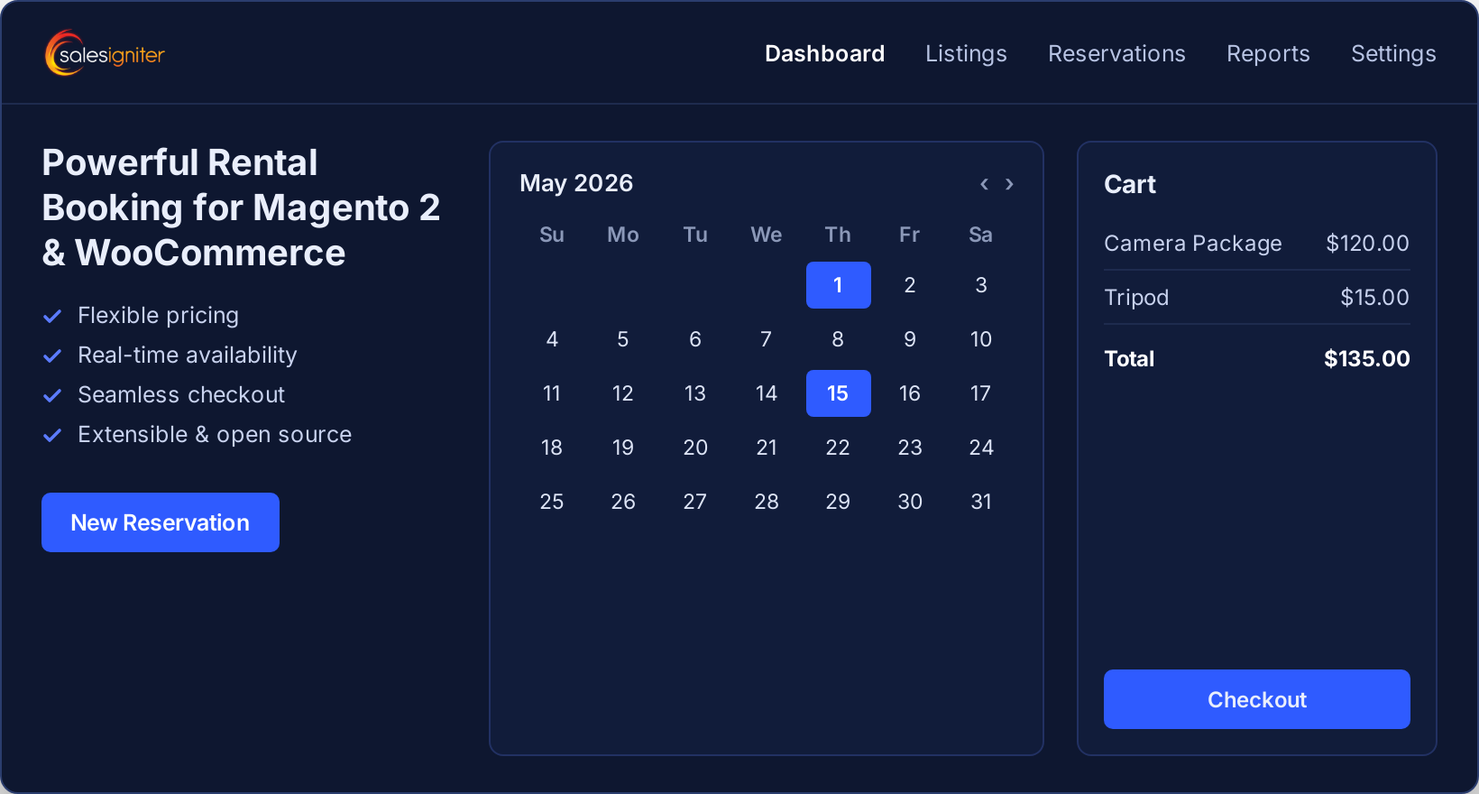 Sales Igniter rental booking dashboard with availability calendar and cart