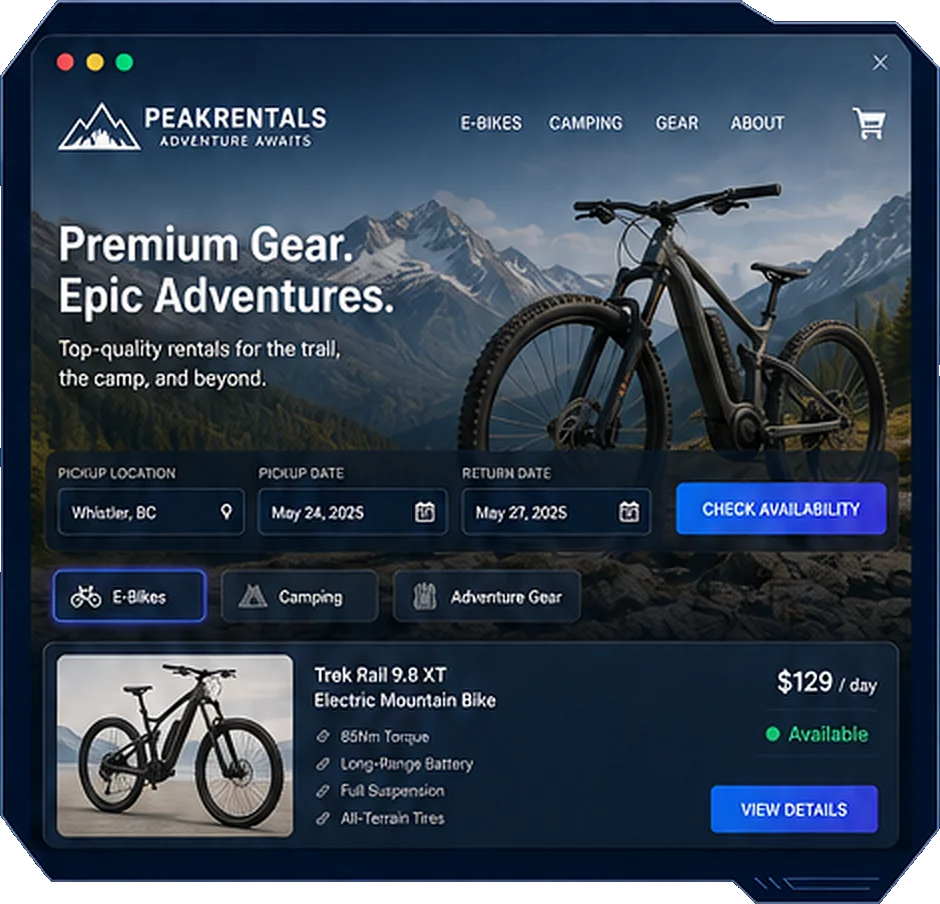Bike rental website mockup — PeakRentals e-bike and camping gear rental booking site built by IT Web Experts